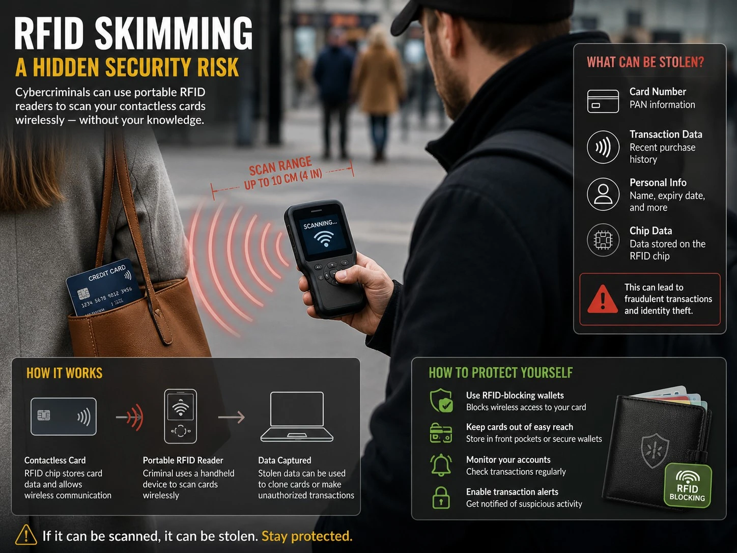 RFID skimming demonstration security risk showing how contactless payments can be scanned wirelessly with a portable reader RFID skimming demonstration security risk showing how contactless payments can be scanned wirelessly with a portable reader
